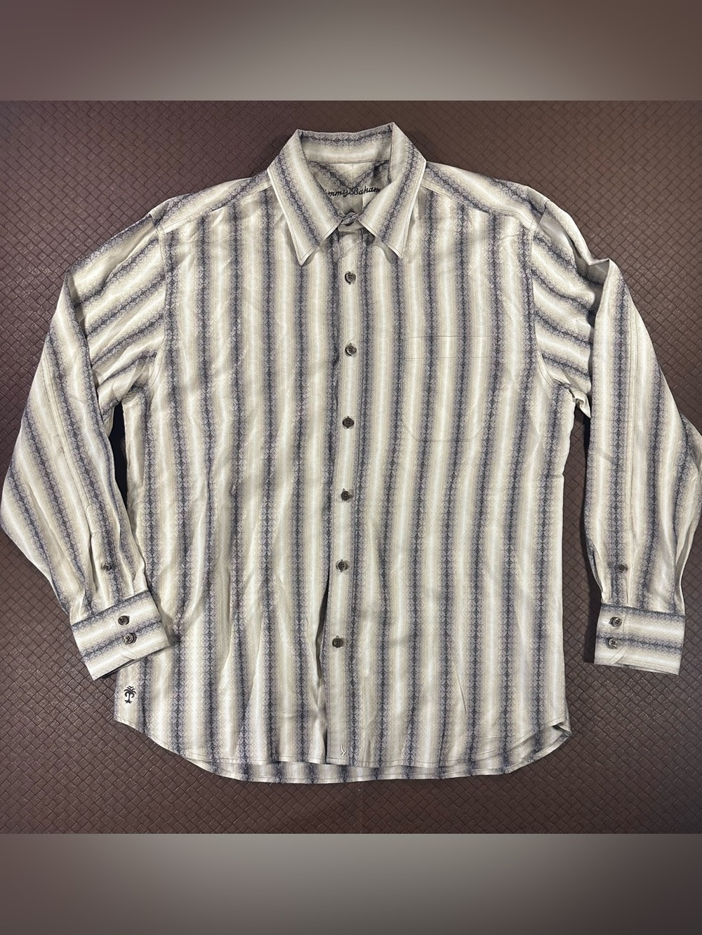 Tommy Bahama Beige Gray Stripe 100% Cotton Long Sleeve Casual Button Up